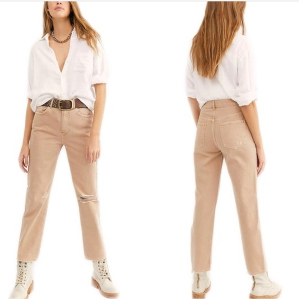 Free People We The‎ Free Dakota Straight Leg Jeans Tan Distressed Denim Size 26